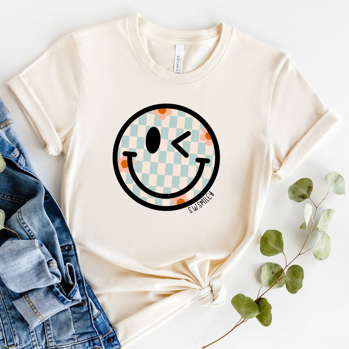 S.W.Smiley Checkered Smiley Face - Women's Short Sleeve Graphic T-Shirt