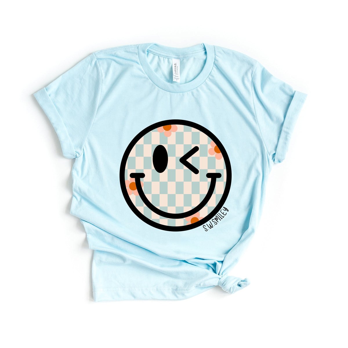 S.W.Smiley Checkered Smiley Face - Women's Short Sleeve Graphic T-Shirt