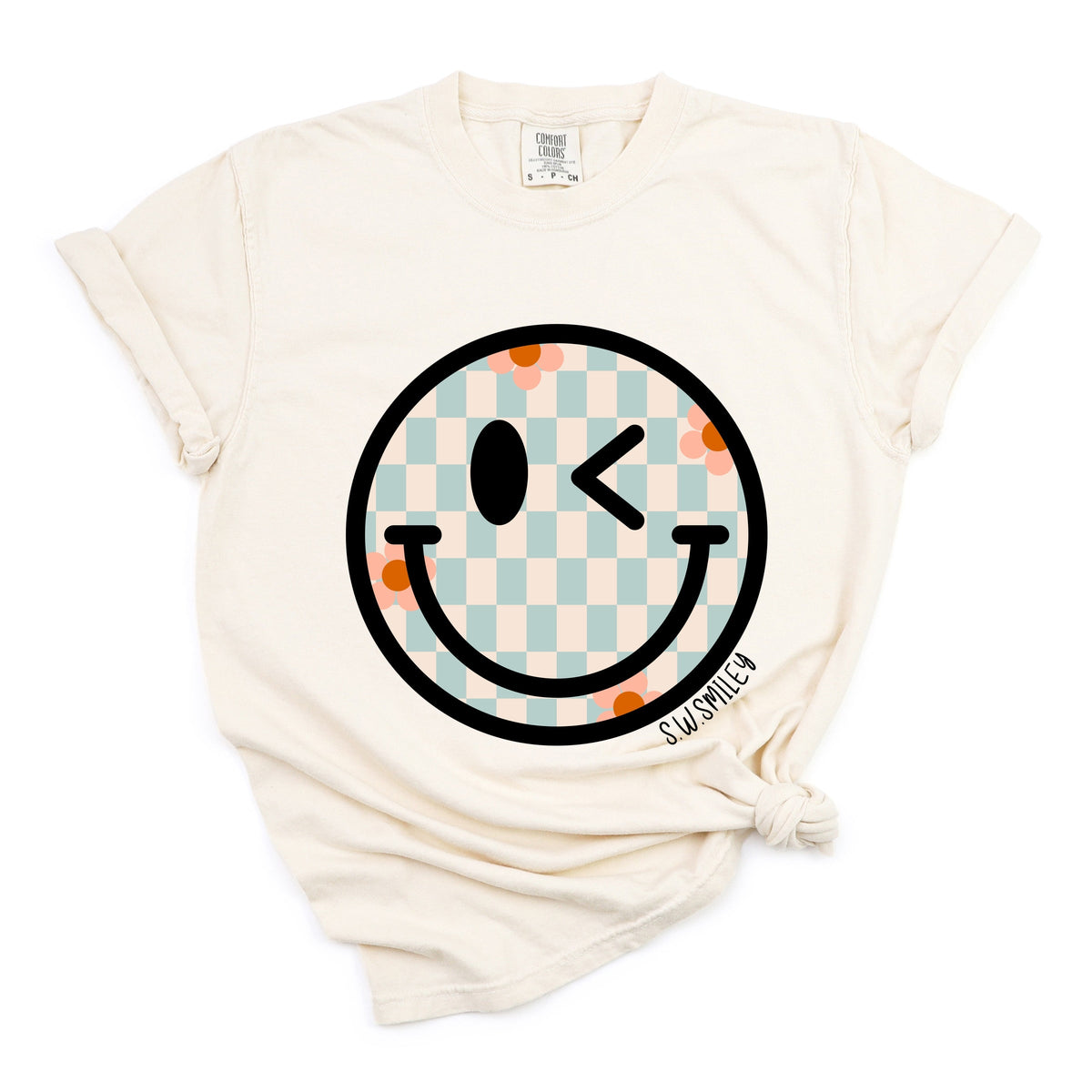 S.W.Smiley Checkered Smiley Face - Women's Garment Dyed Graphic T-Shirt