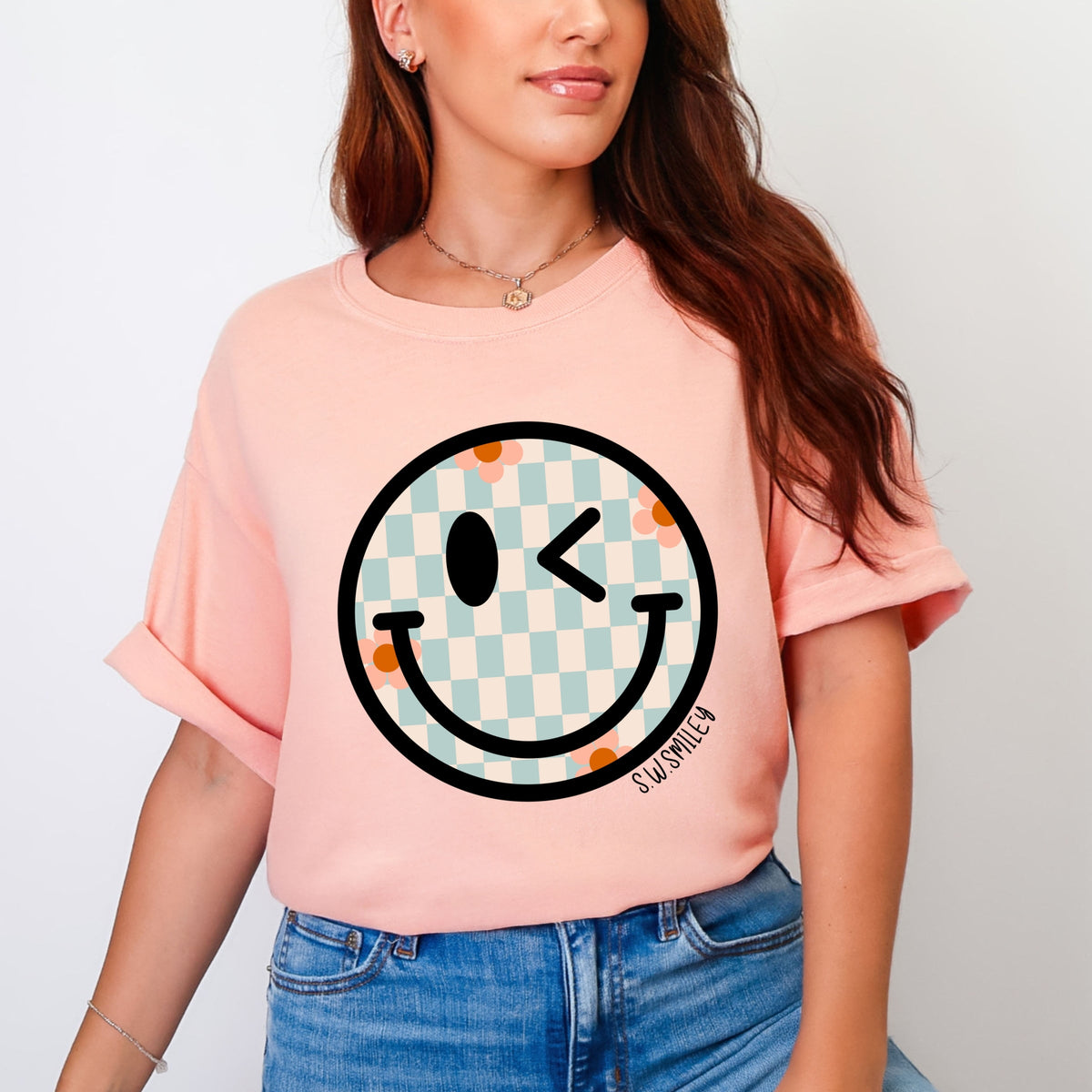 S.W.Smiley Checkered Smiley Face - Women's Garment Dyed Graphic T-Shirt