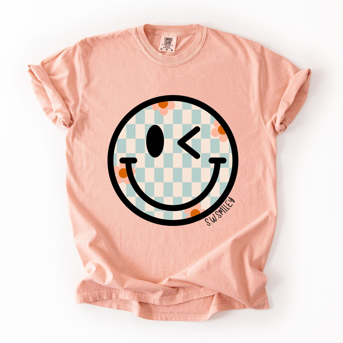 S.W.Smiley Checkered Smiley Face - Women's Garment Dyed Graphic T-Shirt