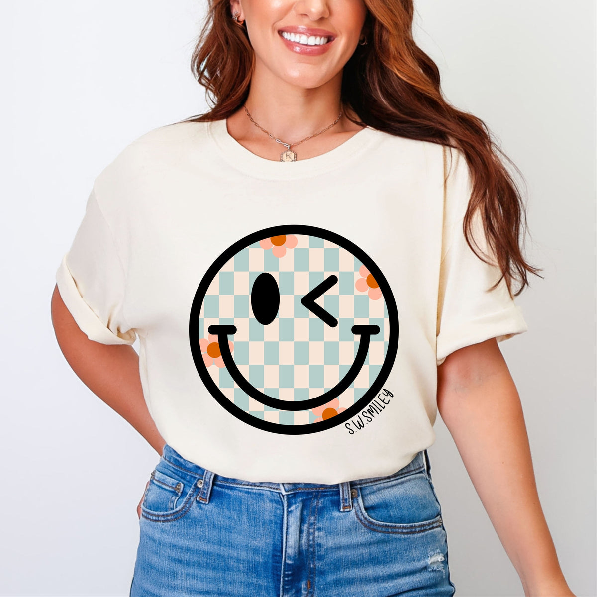 S.W.Smiley Checkered Smiley Face - Women's Garment Dyed Graphic T-Shirt