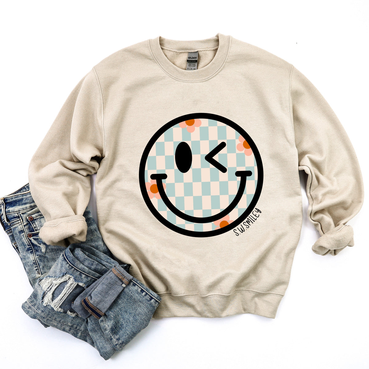 S.W.Smiley Checkered Smiley Face -  Women's Graphic Sweatshirt