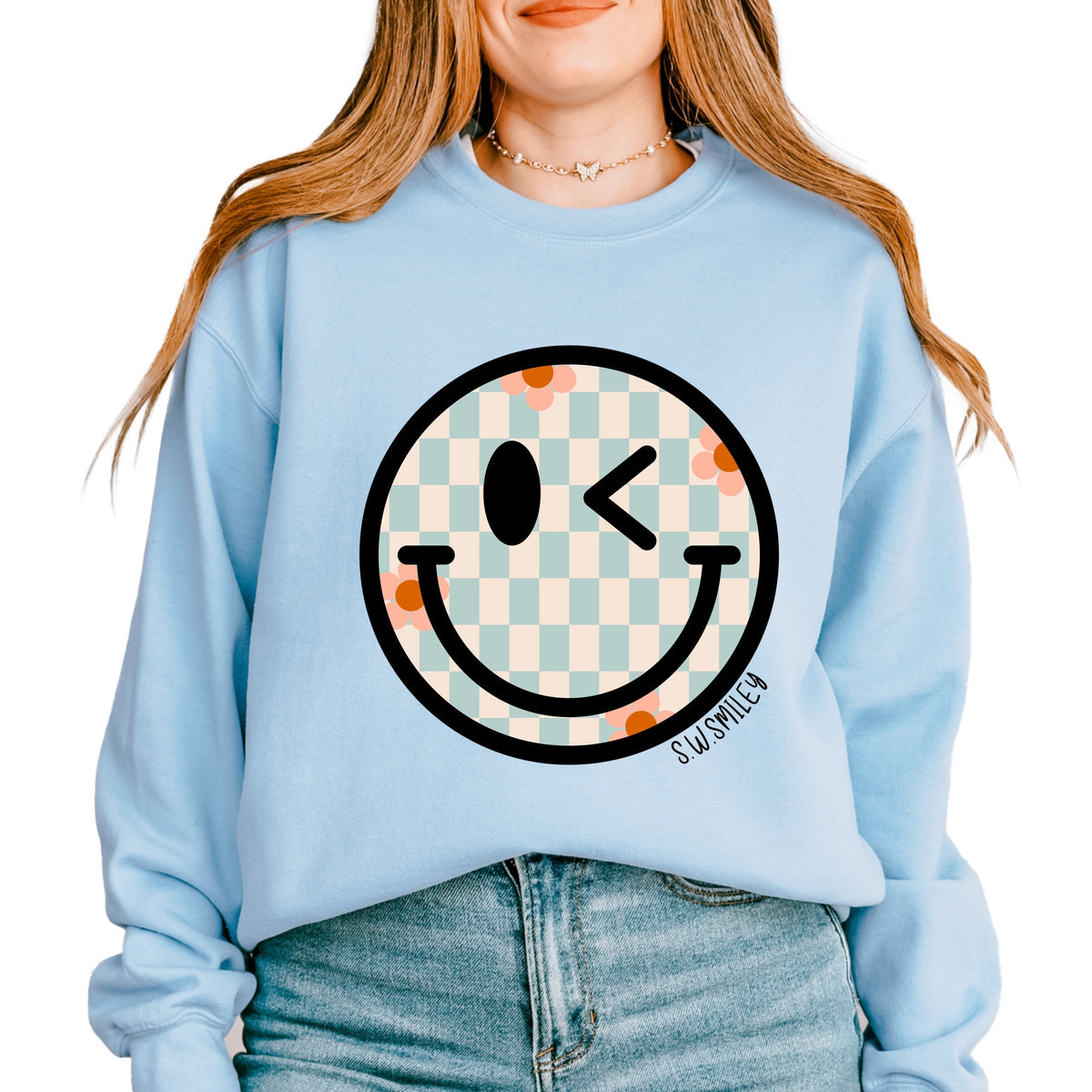 S.W.Smiley Checkered Smiley Face -  Women's Graphic Sweatshirt