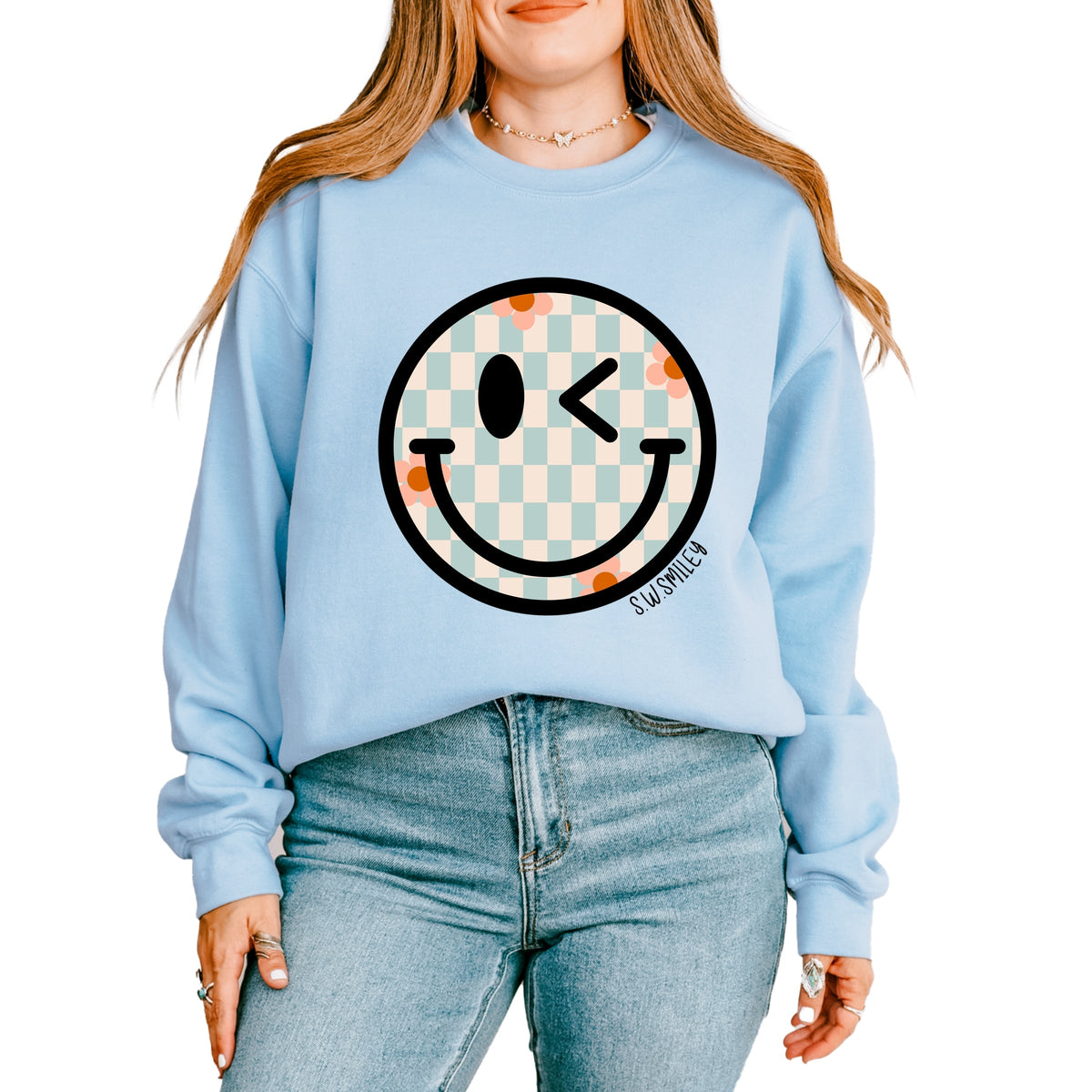 S.W.Smiley Checkered Smiley Face -  Women's Graphic Sweatshirt