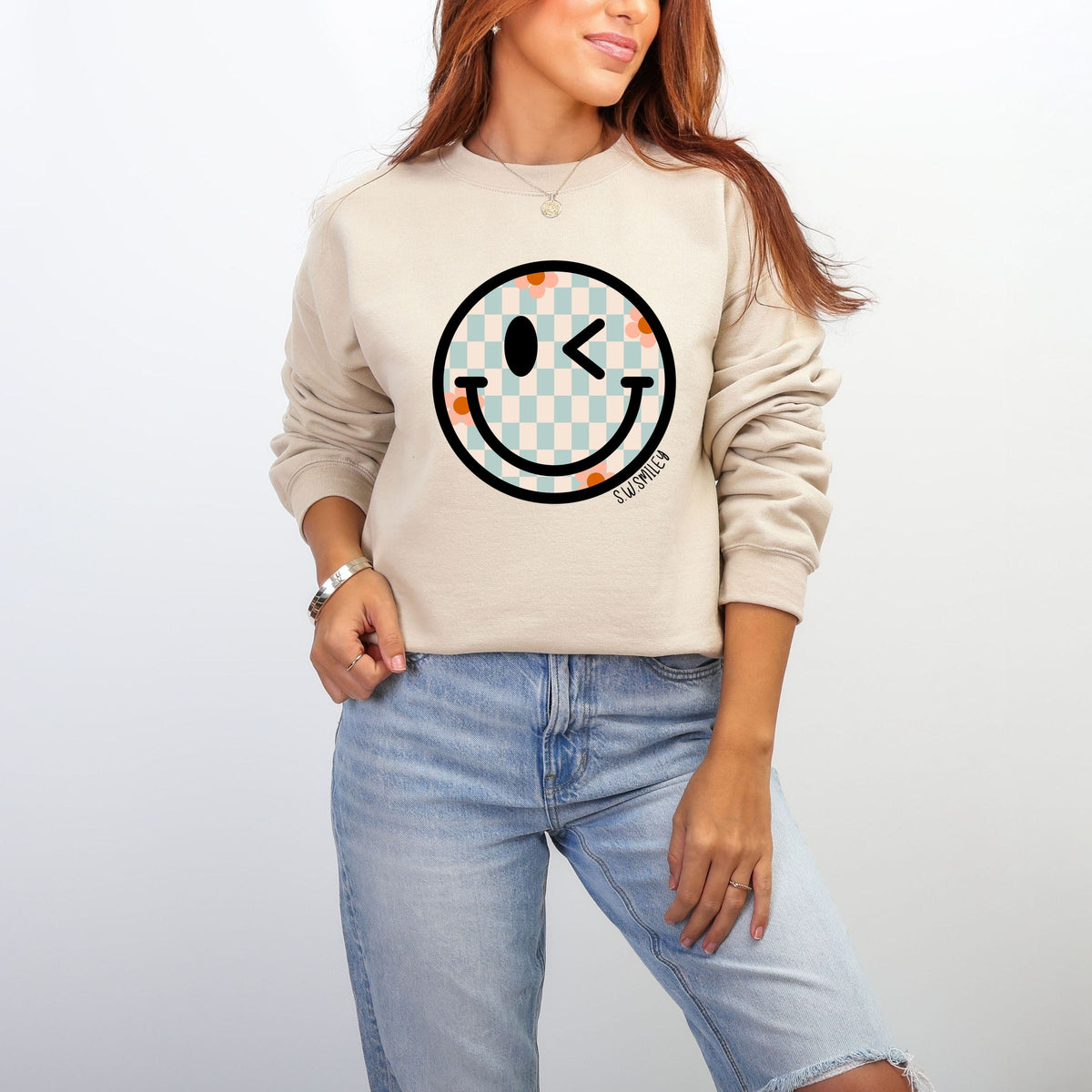 S.W.Smiley Checkered Smiley Face -  Women's Graphic Sweatshirt