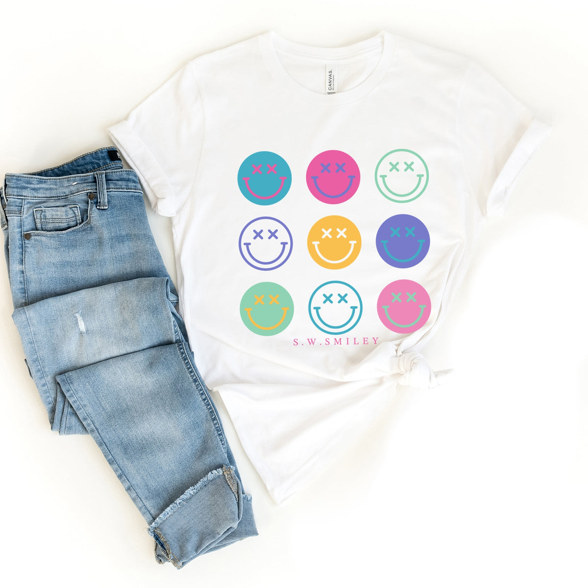 S.W.Smiley Stacked Smiley Faces - Women's Short Sleeve Graphic T-Shirt