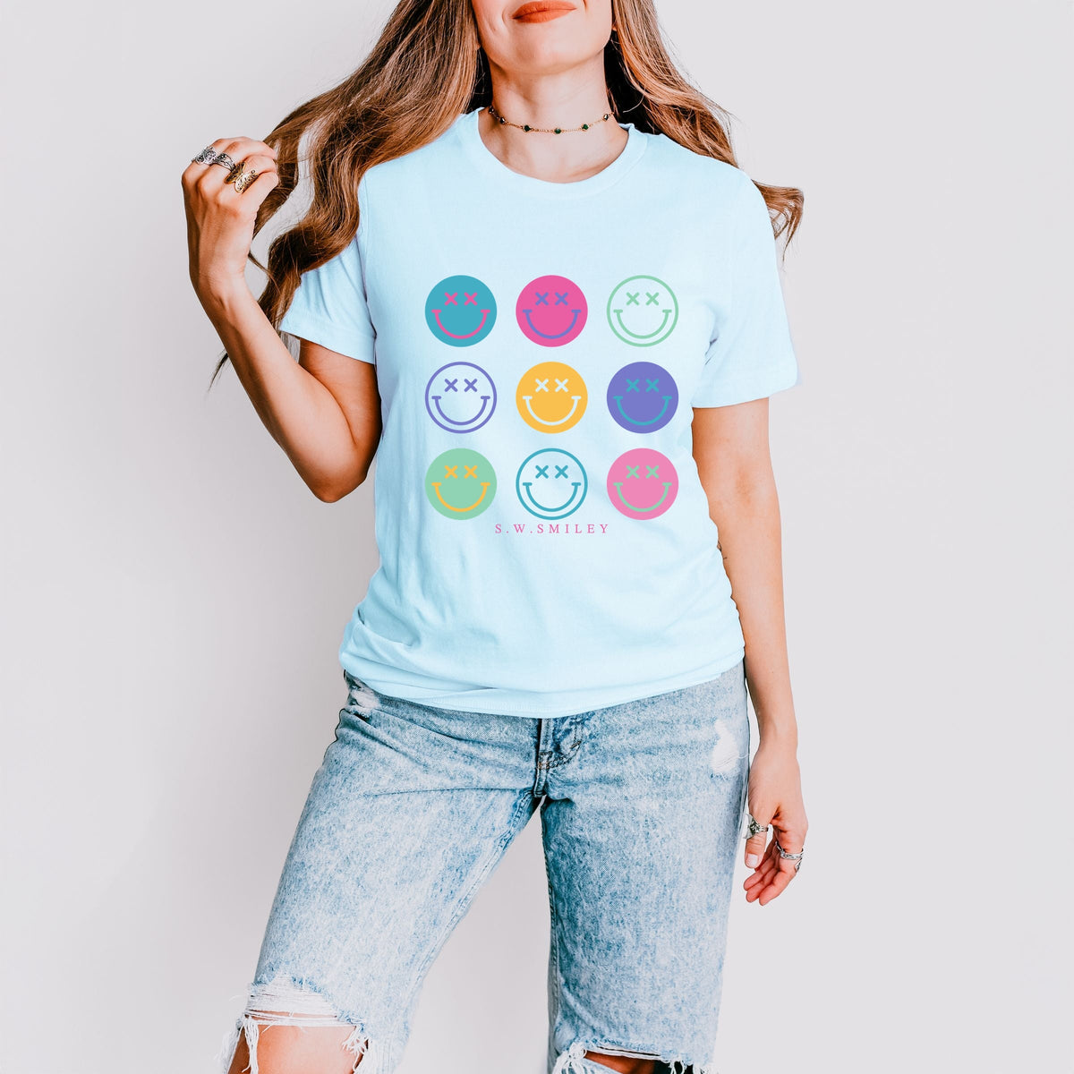 S.W.Smiley Stacked Smiley Faces - Women's Short Sleeve Graphic T-Shirt