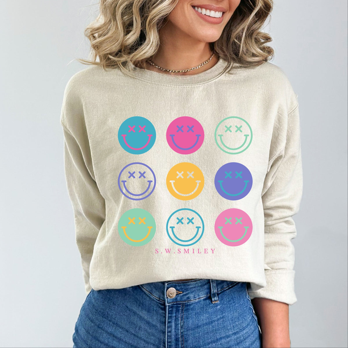 S.W.Smiley Stacked Smiley Faces -  Women's Graphic Sweatshirt