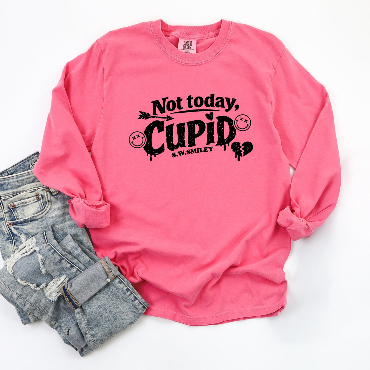 S.W.Smiley Not Today Cupid - Women's Garment Dyed Long Sleeve Graphic T-Shirt