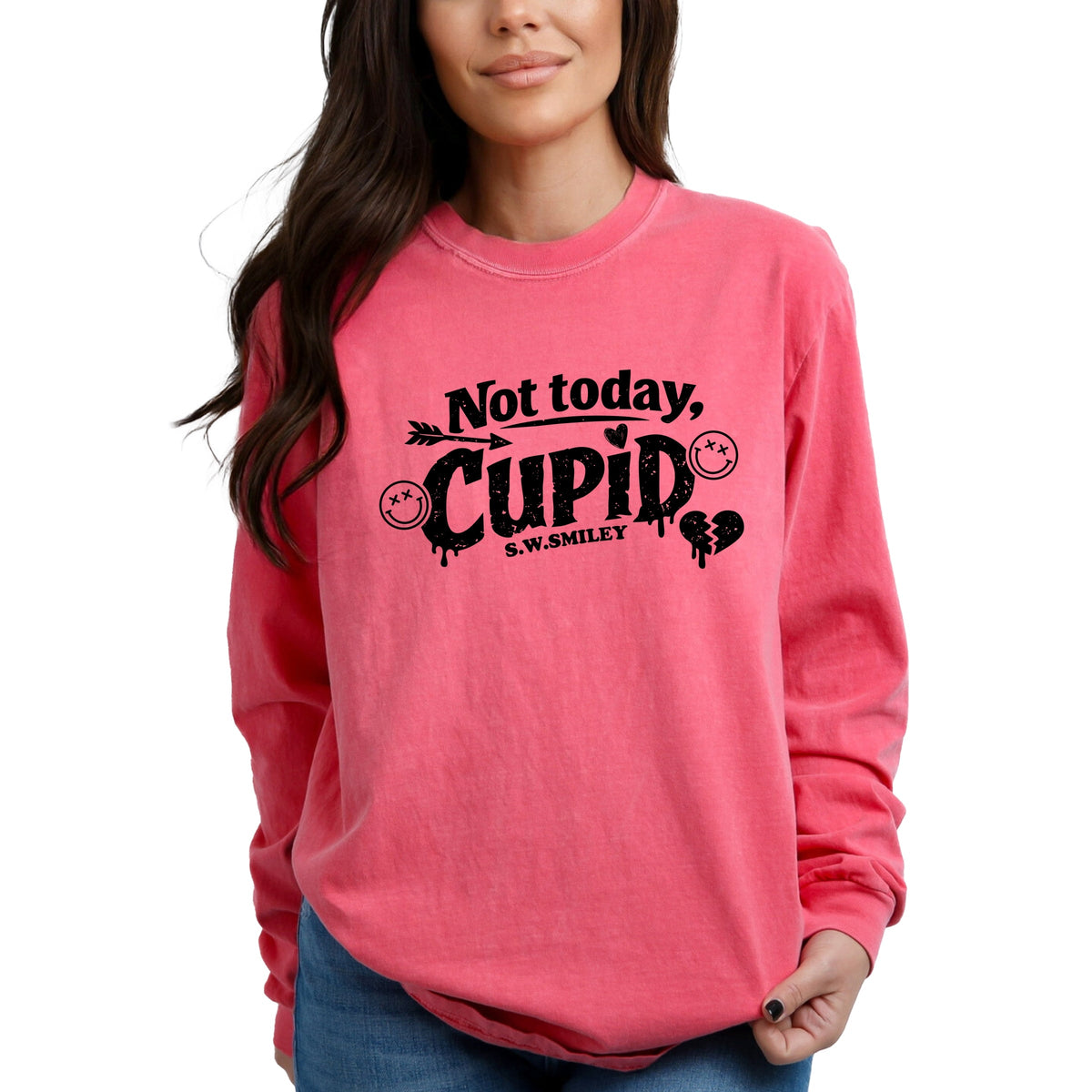 S.W.Smiley Not Today Cupid - Women's Garment Dyed Long Sleeve Graphic T-Shirt