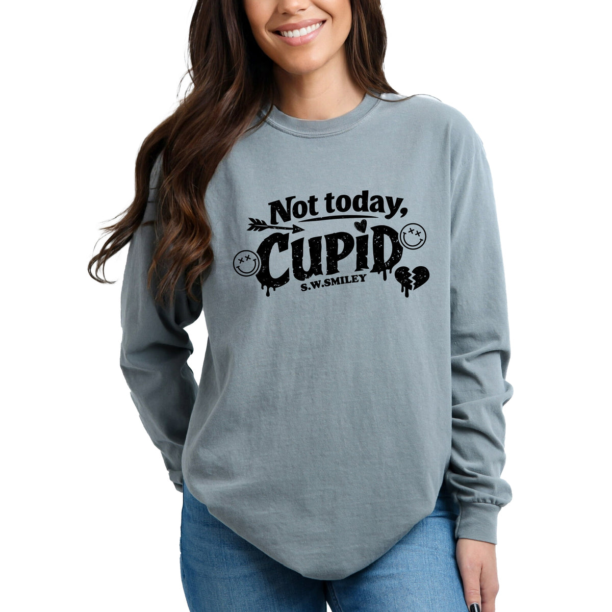 S.W.Smiley Not Today Cupid - Women's Garment Dyed Long Sleeve Graphic T-Shirt