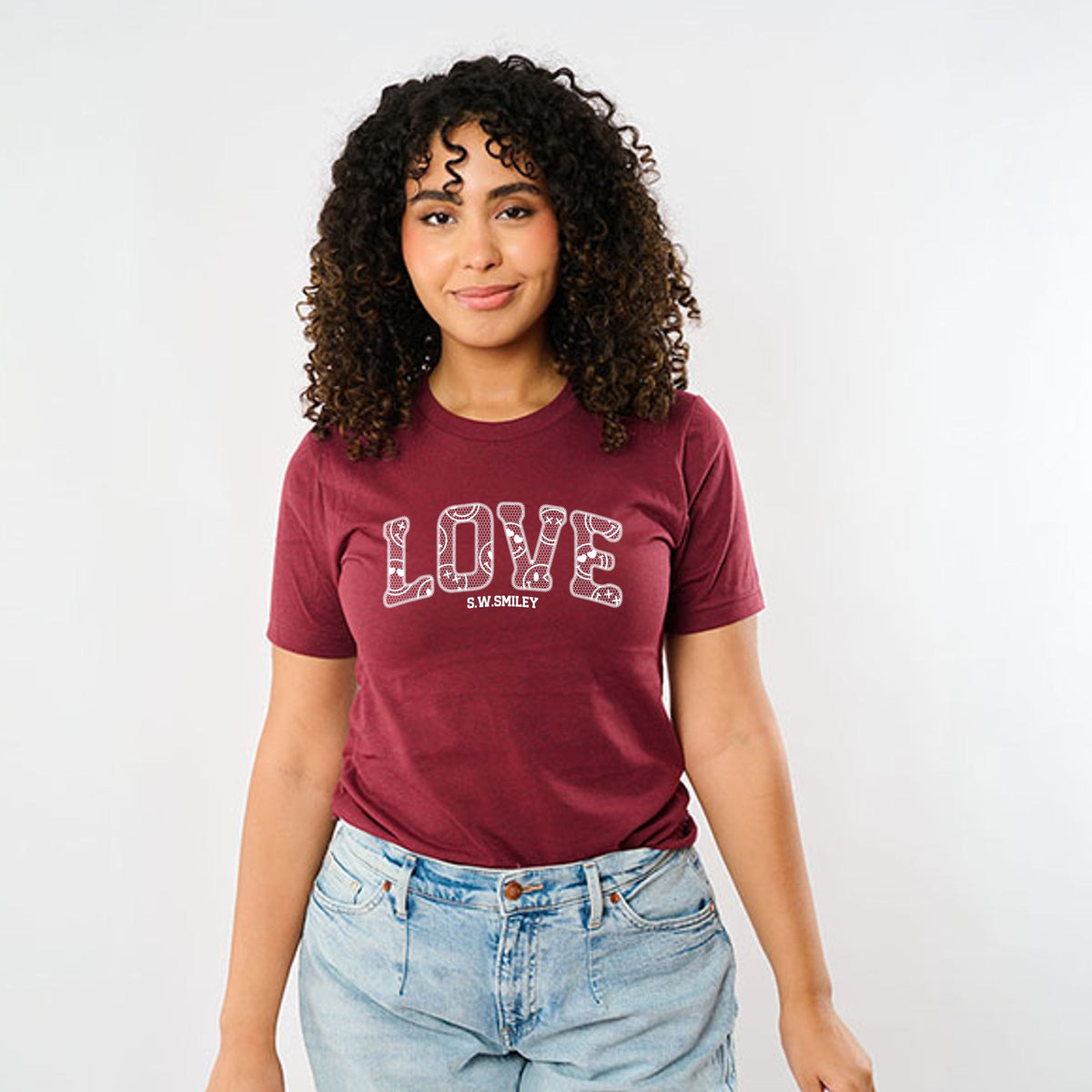 S.W.Smiley Love Faux Lace - Women's Short Sleeve Graphic T-Shirt