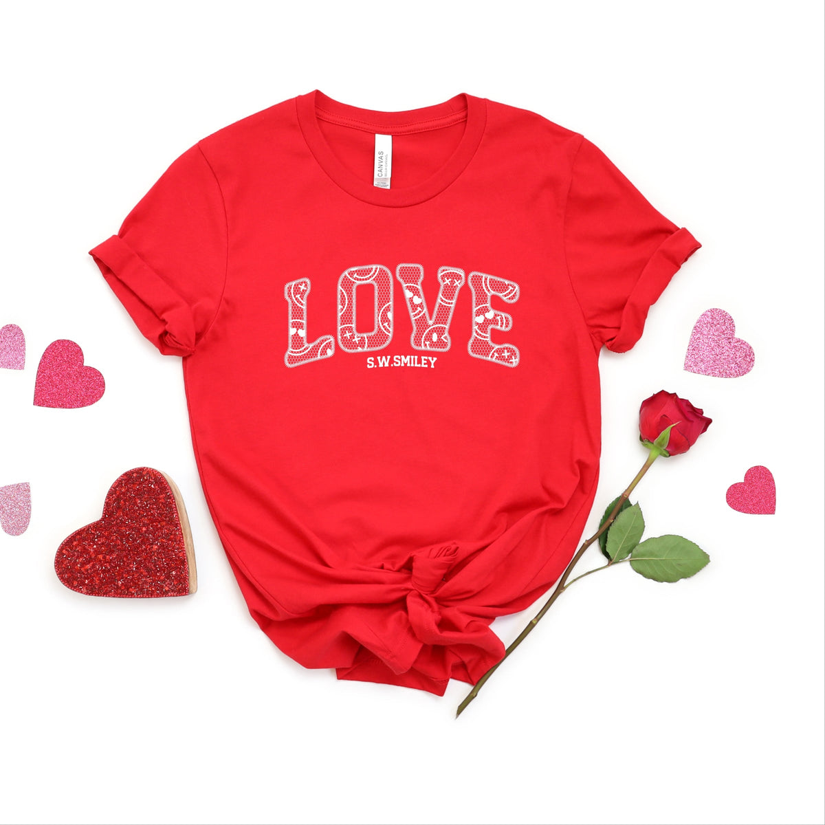 S.W.Smiley Love Faux Lace - Women's Short Sleeve Graphic T-Shirt