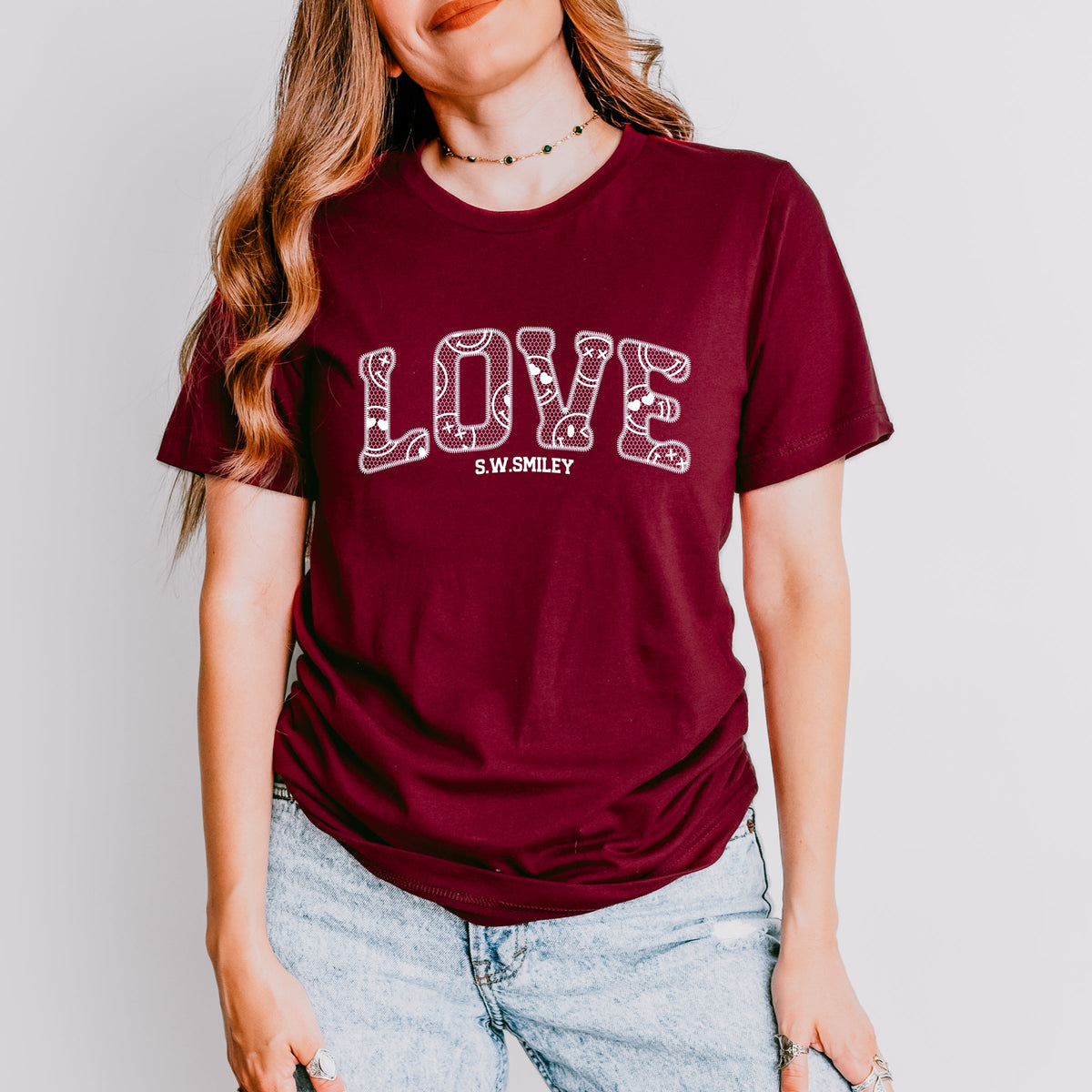 S.W.Smiley Love Faux Lace - Women's Short Sleeve Graphic T-Shirt