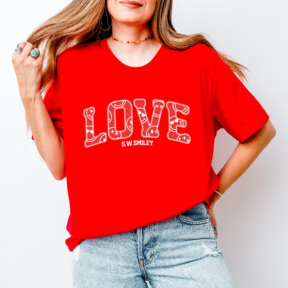 S.W.Smiley Love Faux Lace - Women's Short Sleeve Graphic T-Shirt