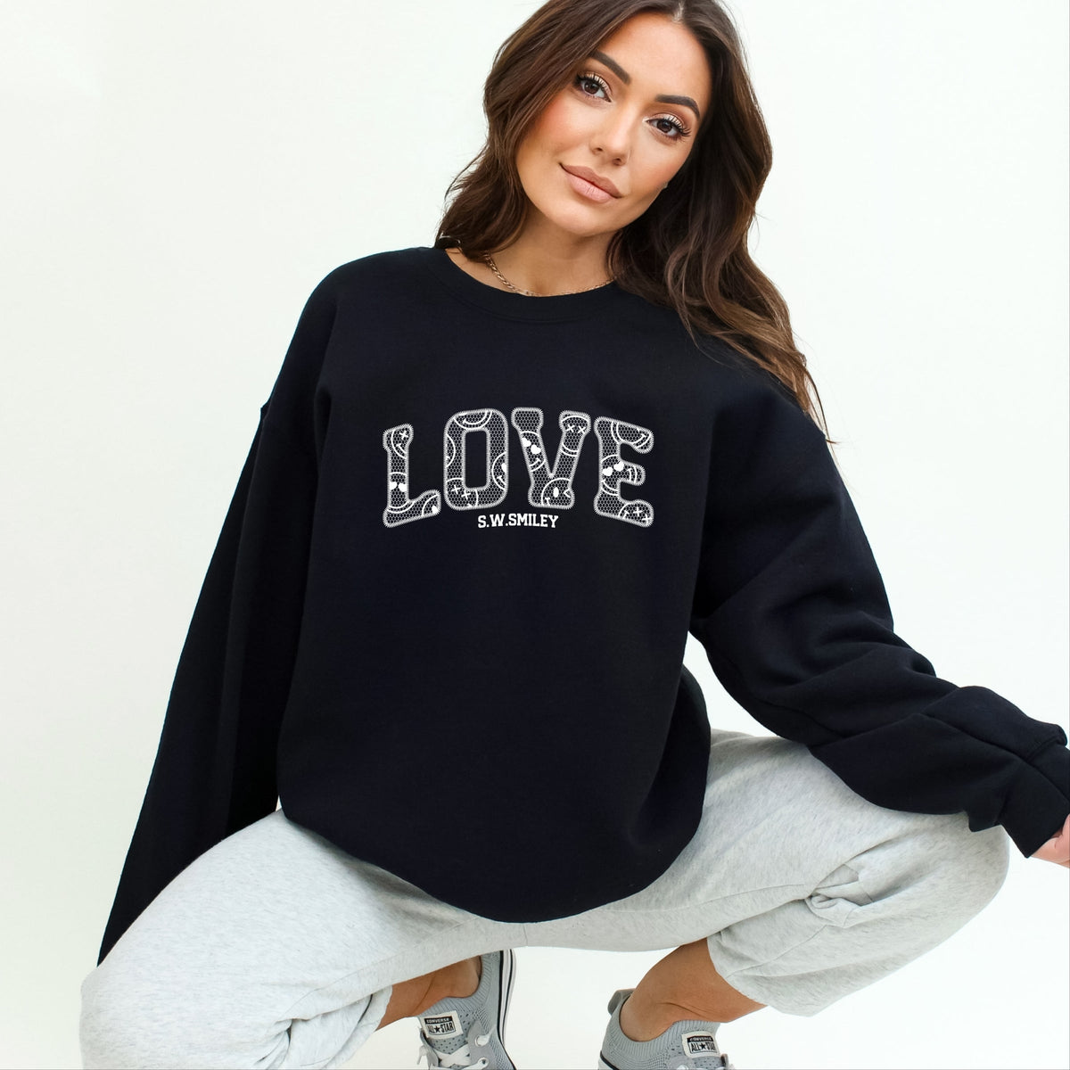 S.W.Smiley Love Faux Lace -  Women's Graphic Sweatshirt