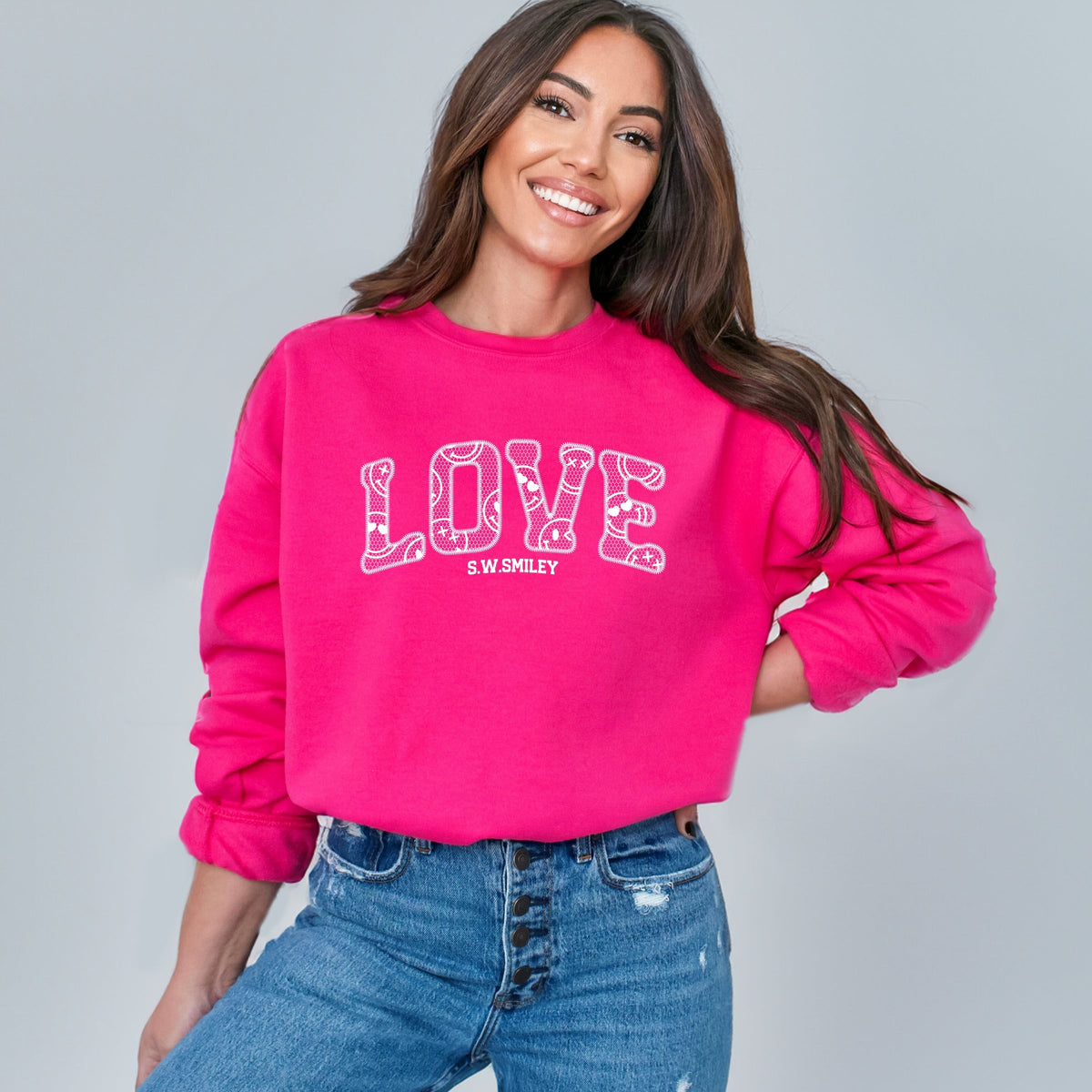 S.W.Smiley Love Faux Lace -  Women's Graphic Sweatshirt