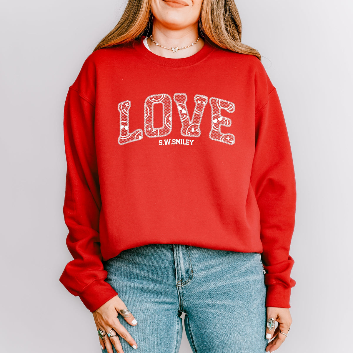 S.W.Smiley Love Faux Lace -  Women's Graphic Sweatshirt