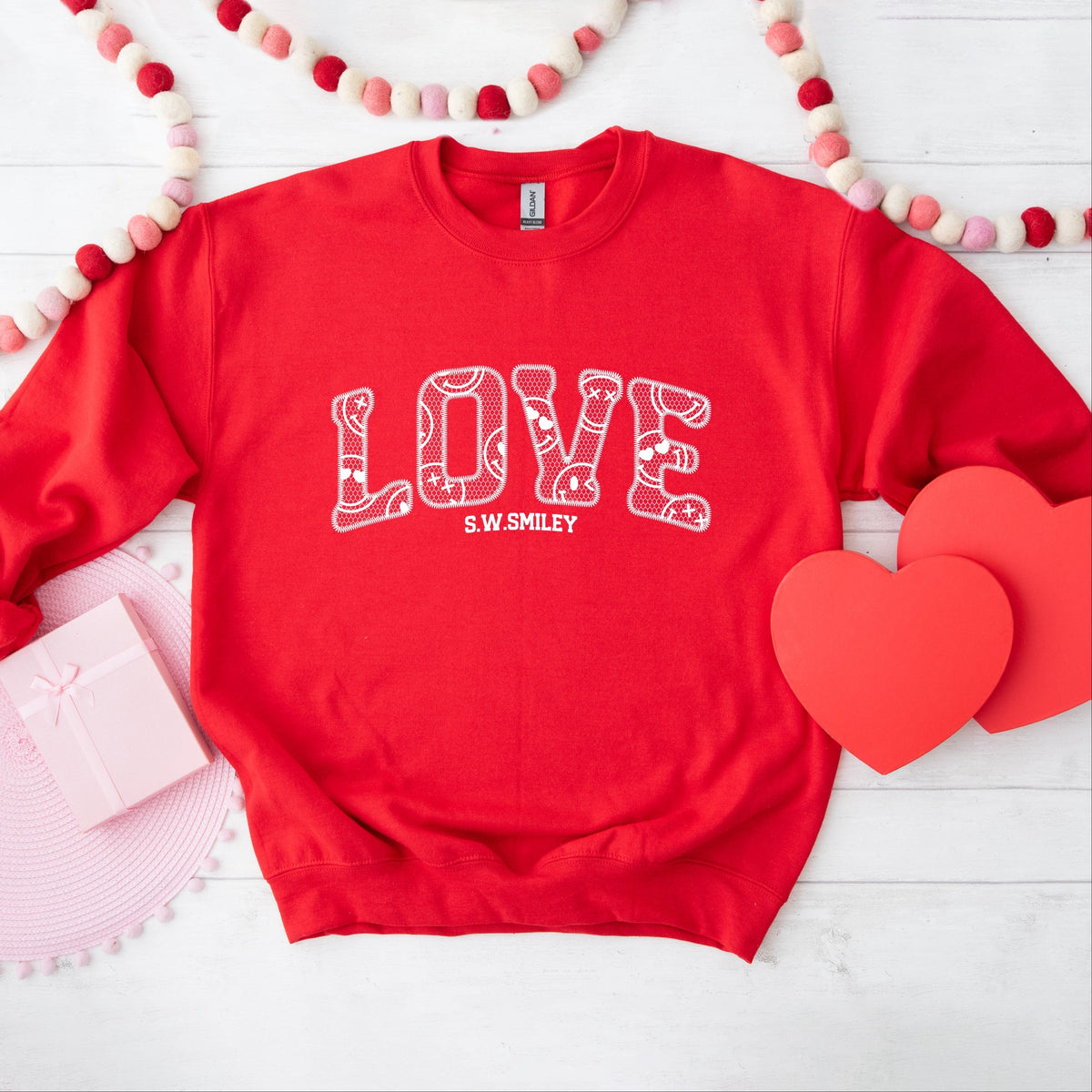 S.W.Smiley Love Faux Lace -  Women's Graphic Sweatshirt