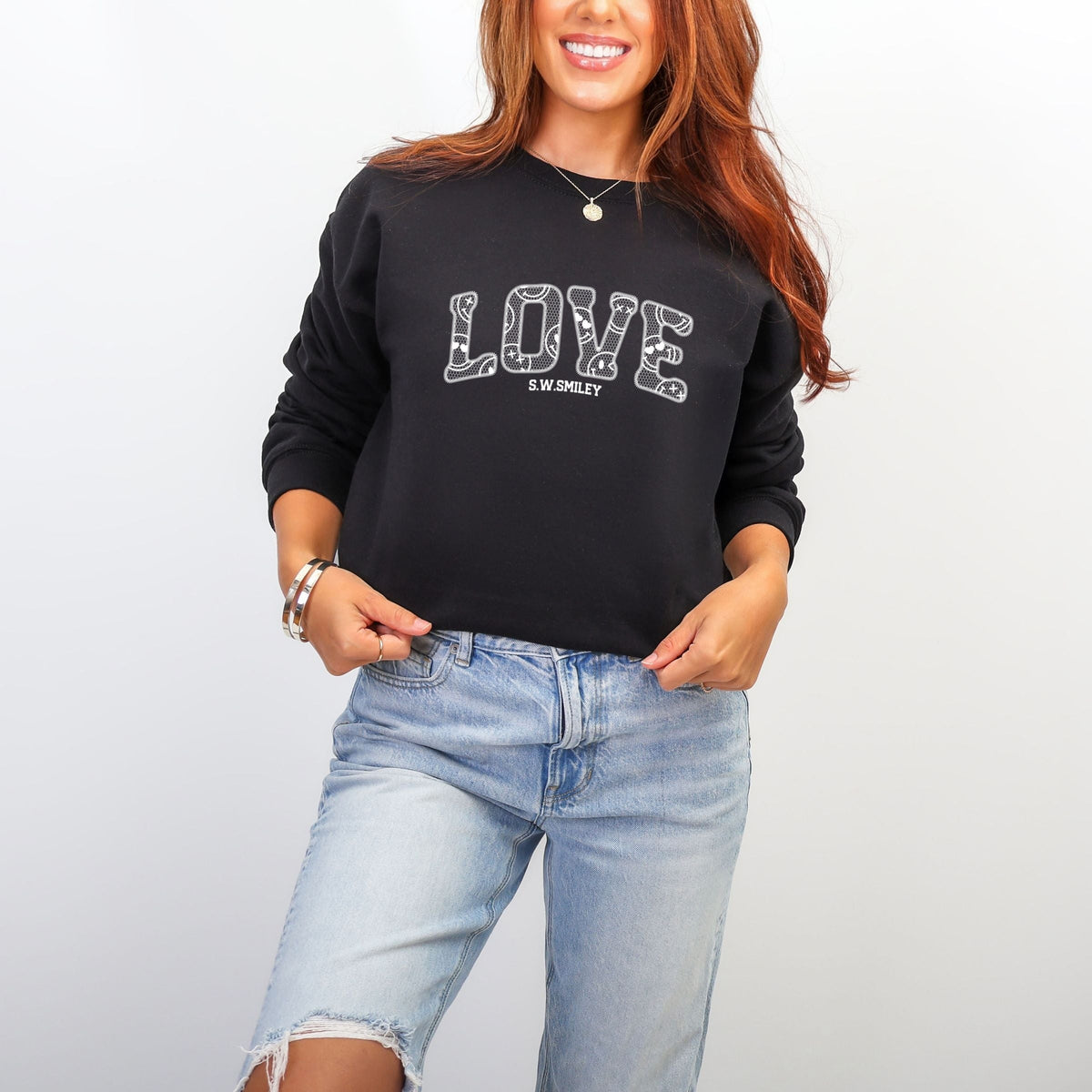 S.W.Smiley Love Faux Lace -  Women's Graphic Sweatshirt