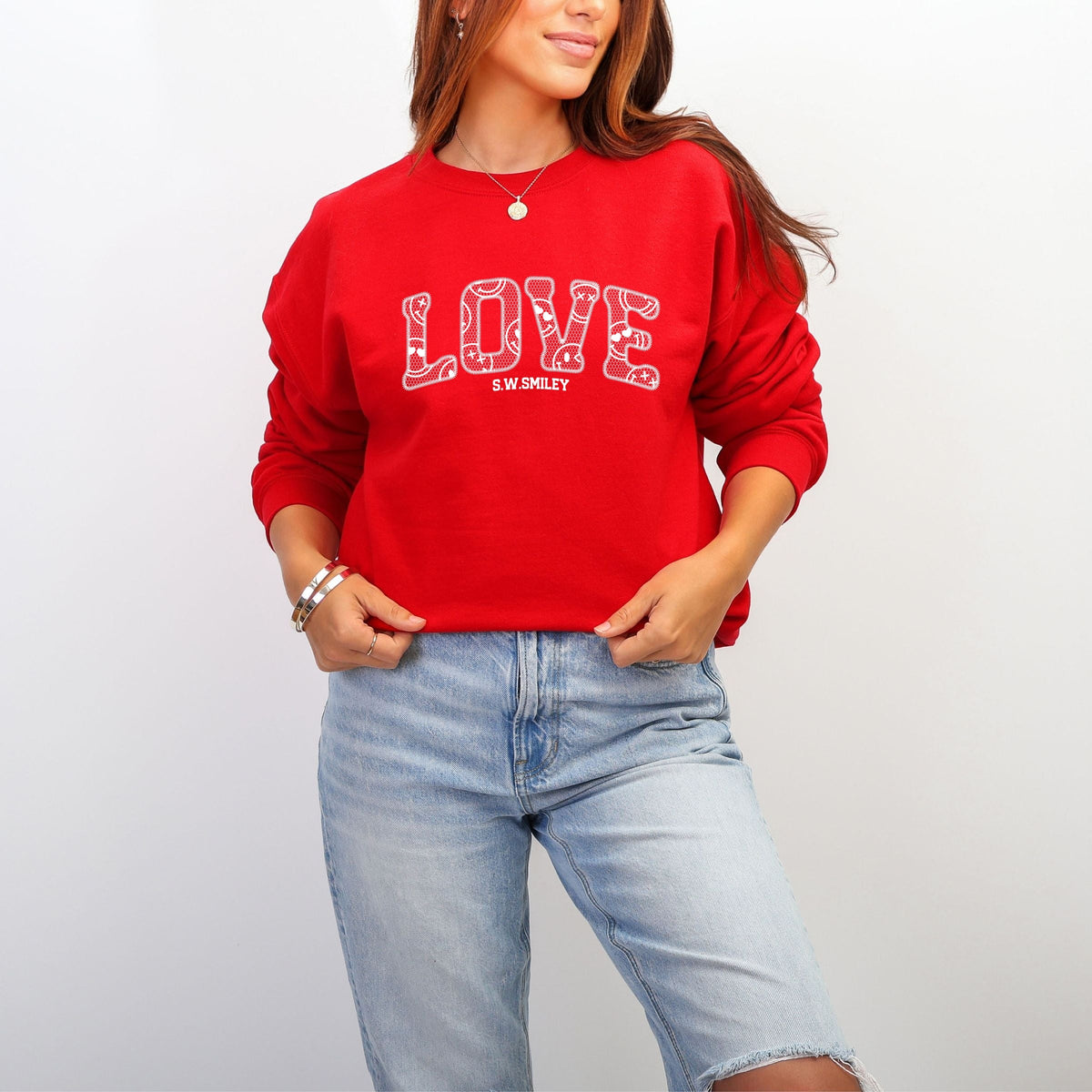 S.W.Smiley Love Faux Lace -  Women's Graphic Sweatshirt