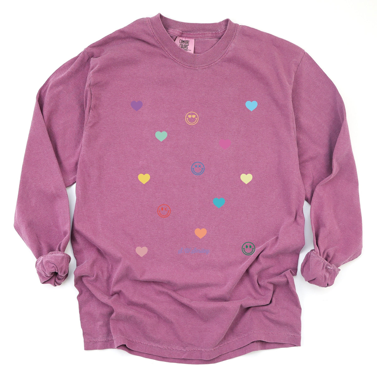 S.W.Smiley Small Rainbow Hearts - Women's Garment Dyed Long Sleeve Graphic T-Shirt