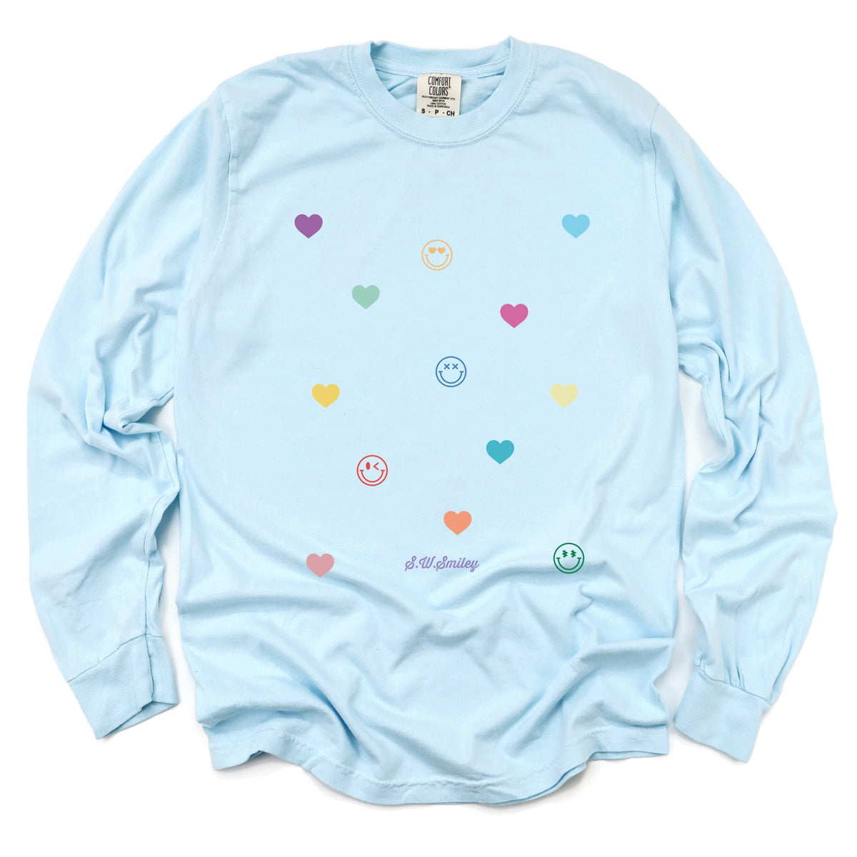 S.W.Smiley Small Rainbow Hearts - Women's Garment Dyed Long Sleeve Graphic T-Shirt