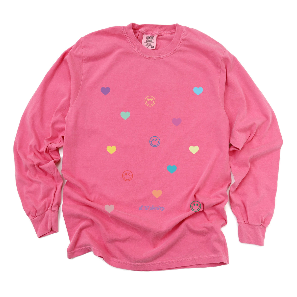 S.W.Smiley Small Rainbow Hearts - Women's Garment Dyed Long Sleeve Graphic T-Shirt