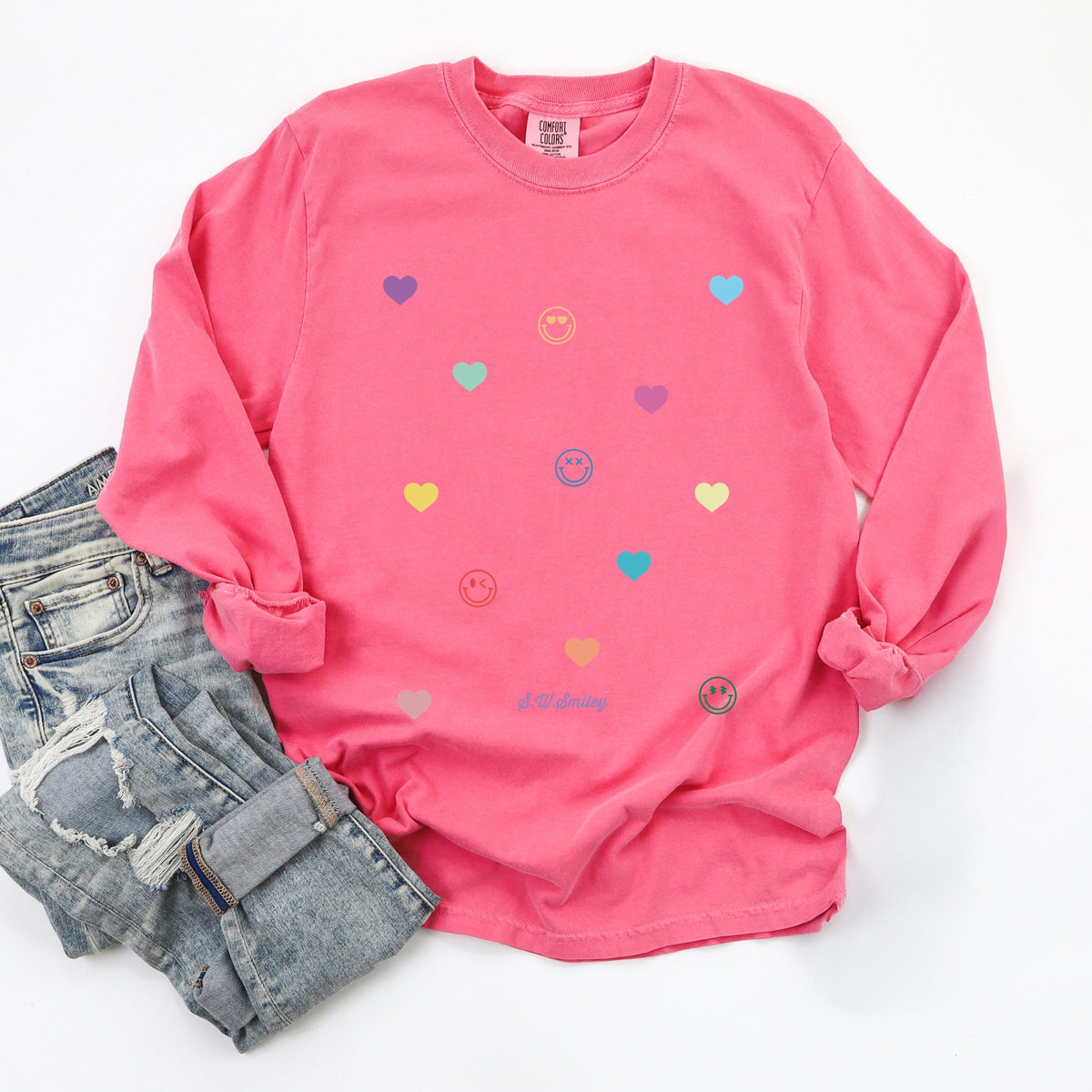 S.W.Smiley Small Rainbow Hearts - Women's Garment Dyed Long Sleeve Graphic T-Shirt