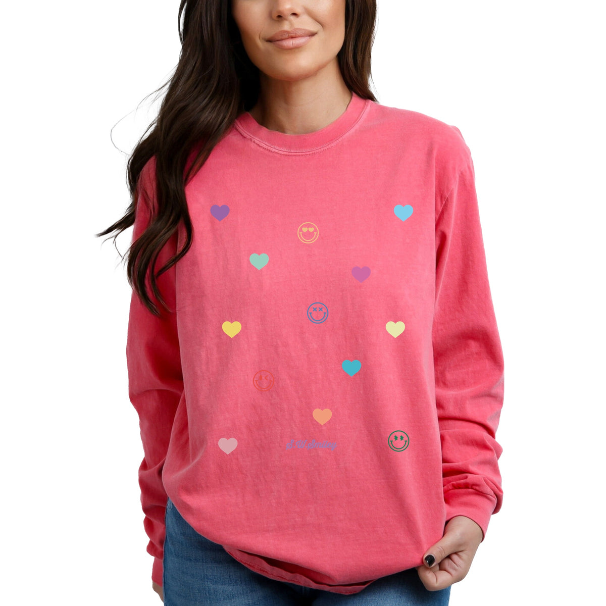 S.W.Smiley Small Rainbow Hearts - Women's Garment Dyed Long Sleeve Graphic T-Shirt