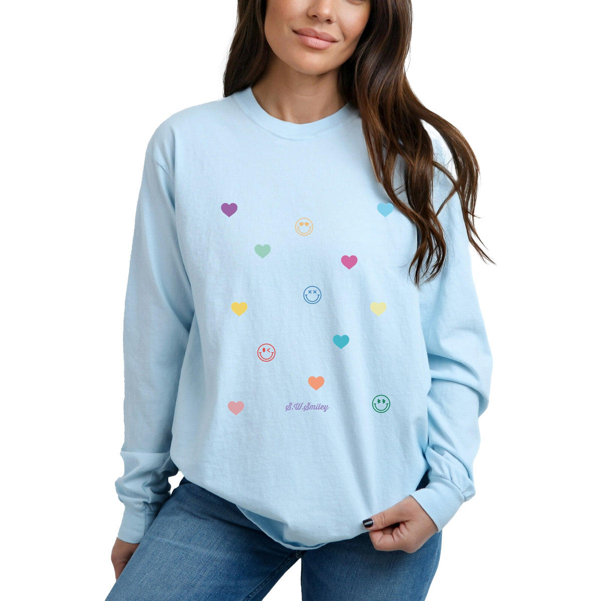 S.W.Smiley Small Rainbow Hearts - Women's Garment Dyed Long Sleeve Graphic T-Shirt