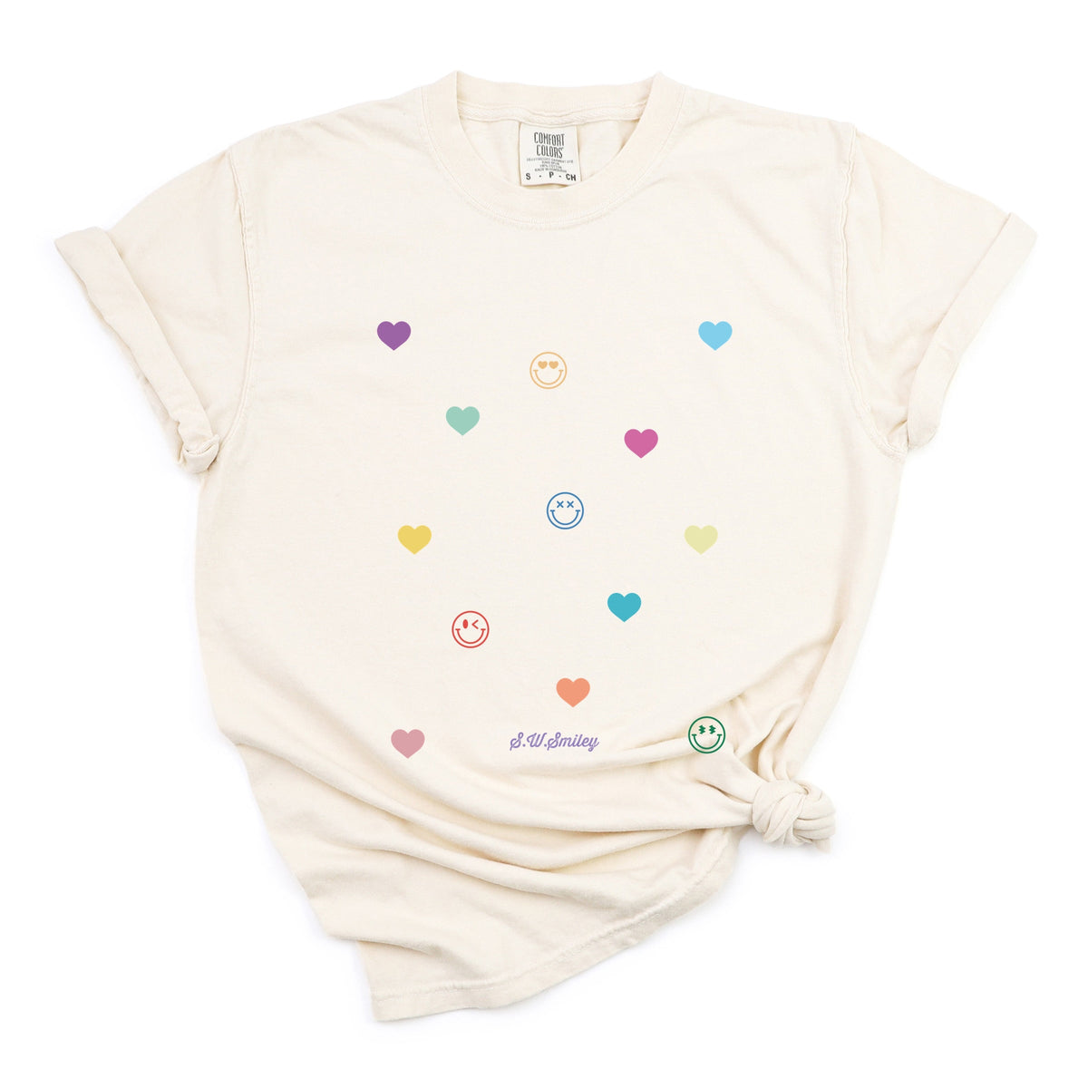 S.W.Smiley Small Rainbow Hearts - Women's Garment Dyed Graphic T-Shirt