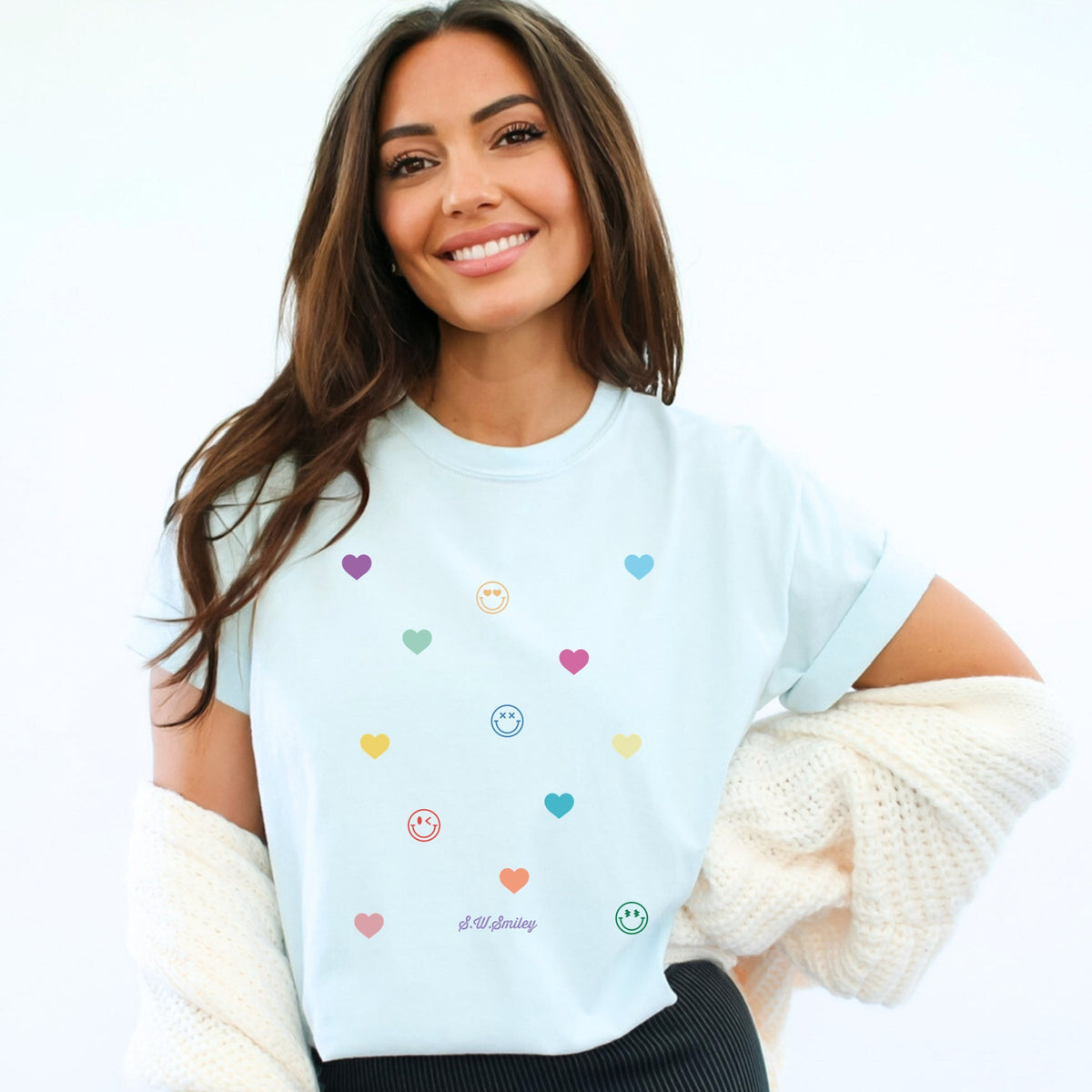 S.W.Smiley Small Rainbow Hearts - Women's Garment Dyed Graphic T-Shirt