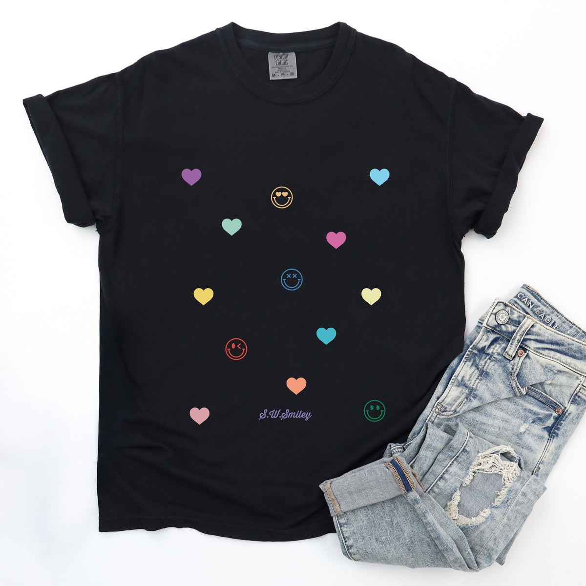 S.W.Smiley Small Rainbow Hearts - Women's Garment Dyed Graphic T-Shirt