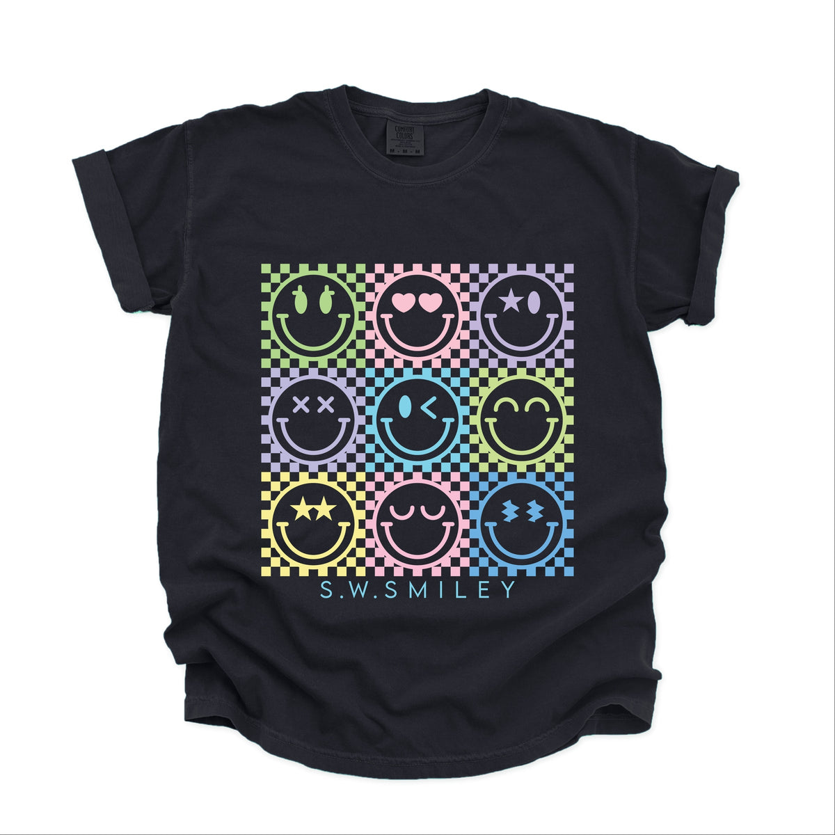 S.W.Smiley Checkered Neon - Women's Garment Dyed Graphic T-Shirt