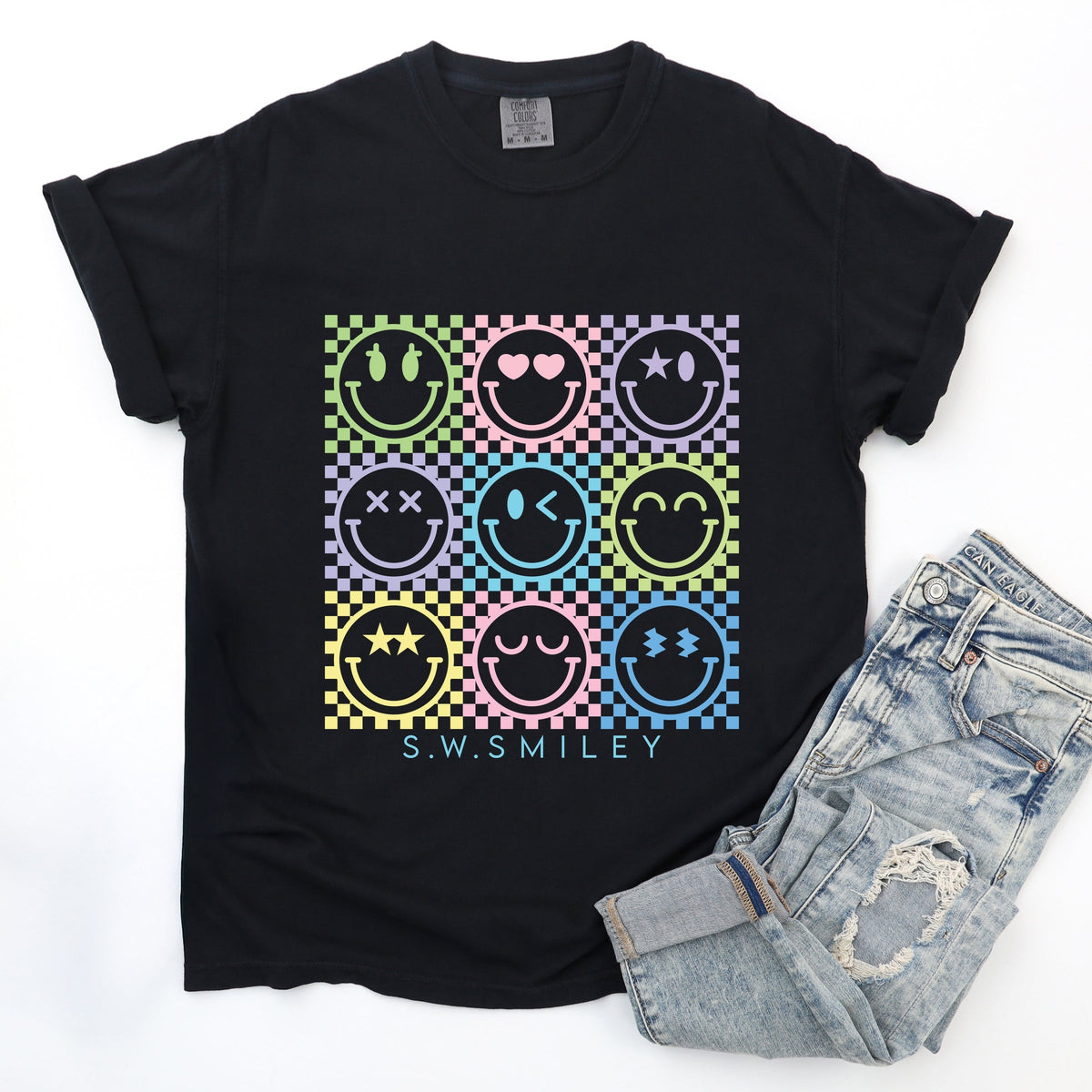 S.W.Smiley Checkered Neon - Women's Garment Dyed Graphic T-Shirt