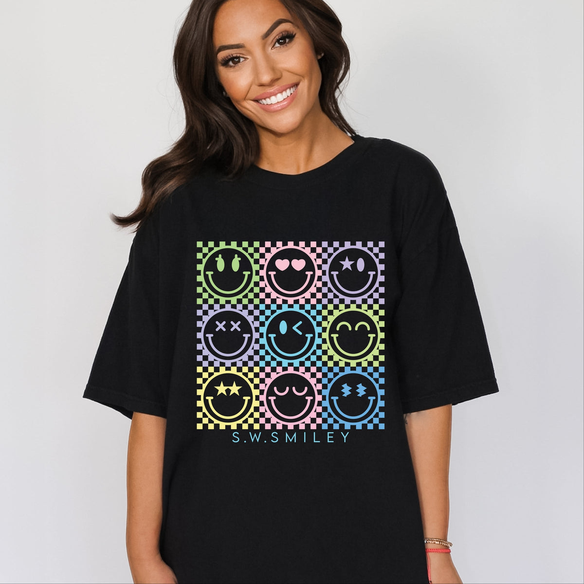 S.W.Smiley Checkered Neon - Women's Garment Dyed Graphic T-Shirt