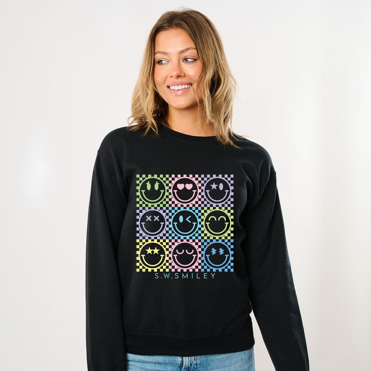 S.W.Smiley Checkered Neon - Women's Graphic Sweatshirt