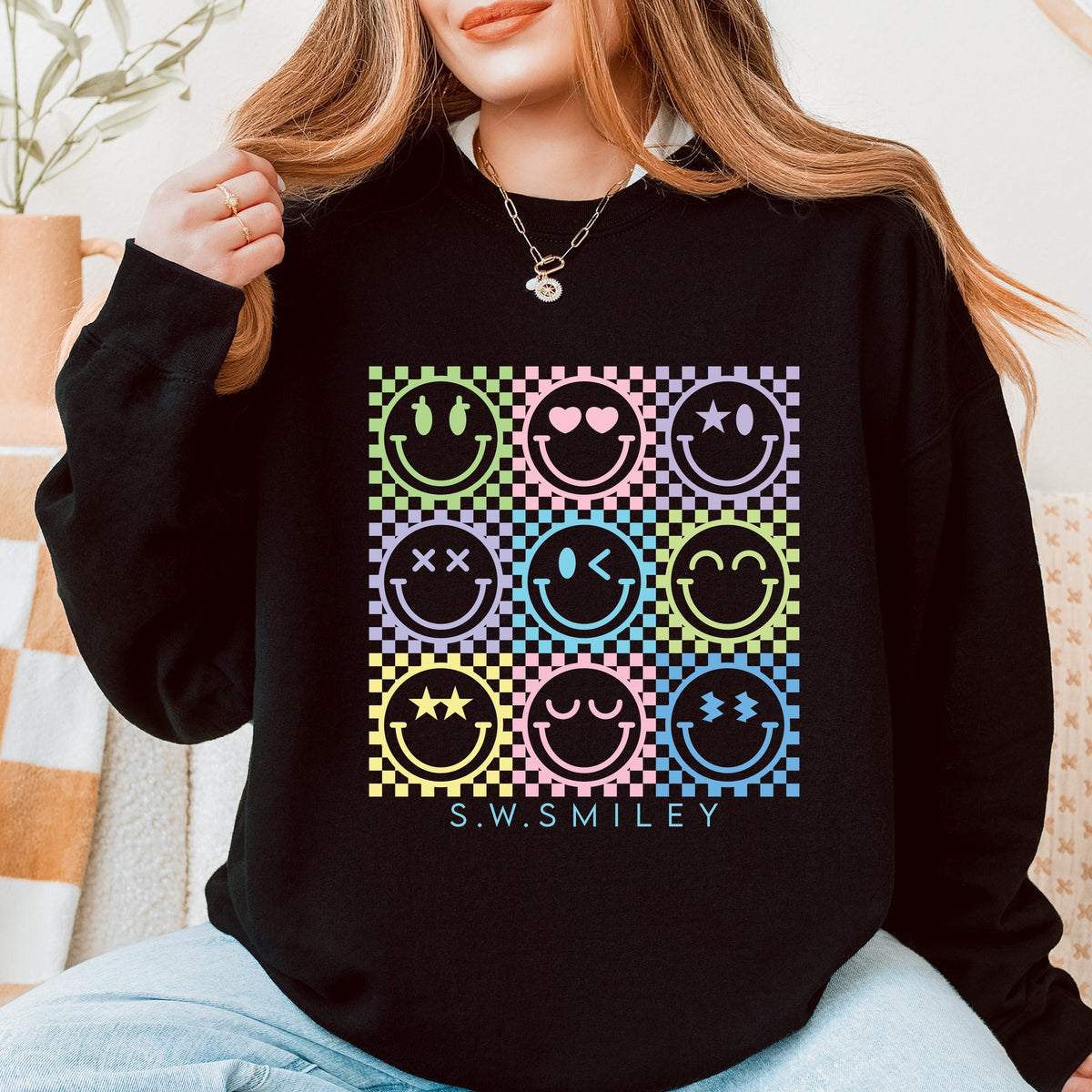 S.W.Smiley Checkered Neon - Women's Graphic Sweatshirt
