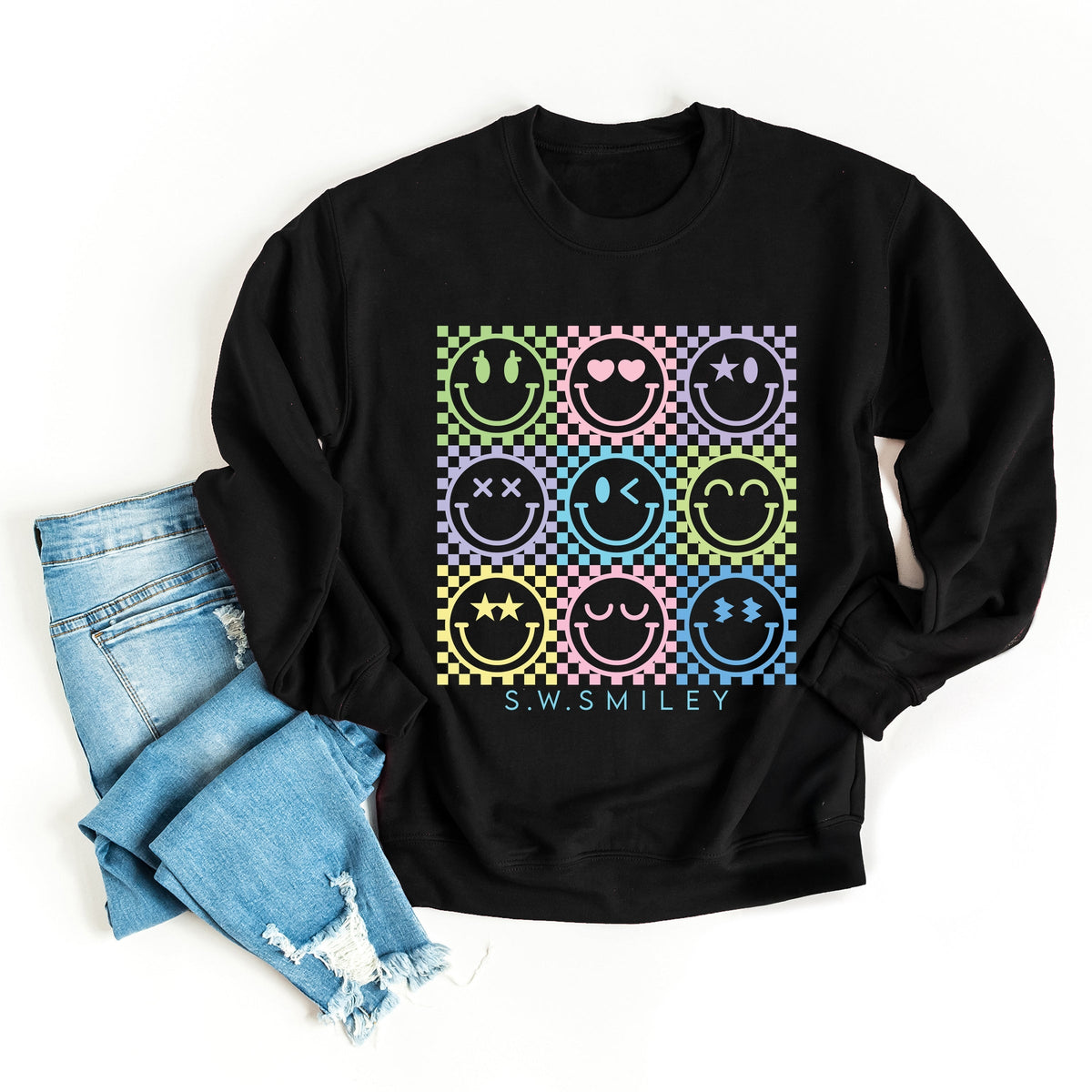 S.W.Smiley Checkered Neon - Women's Graphic Sweatshirt