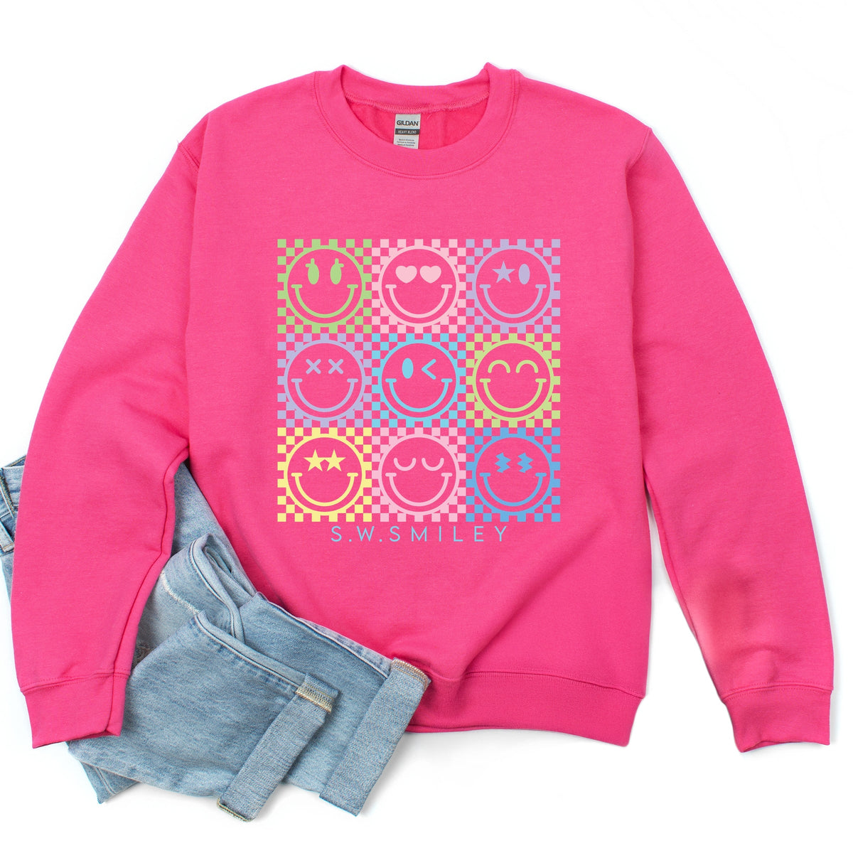 S.W.Smiley Checkered Neon - Women's Graphic Sweatshirt