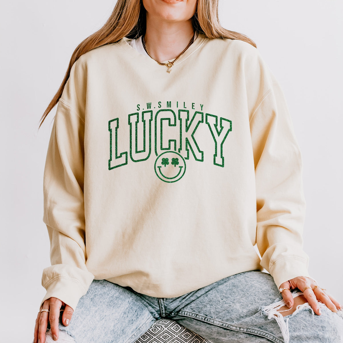 S.W.Smiley Lucky Varsity Glitter - Women's Lightweight Garment Dyed Sweatshirt