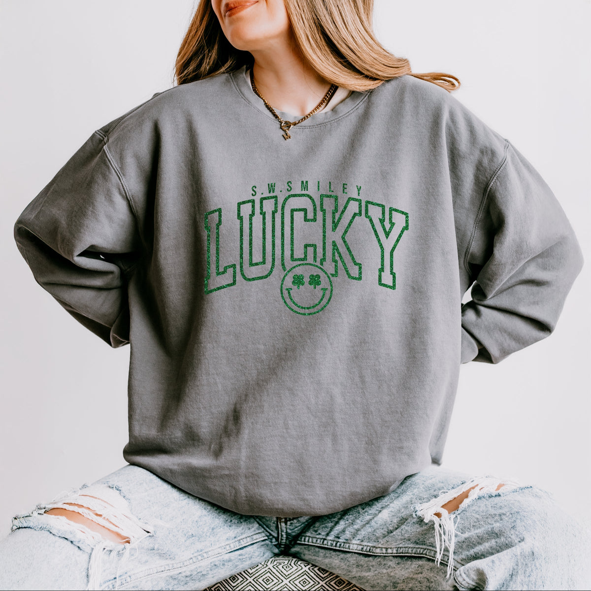 S.W.Smiley Lucky Varsity Glitter - Women's Lightweight Garment Dyed Sweatshirt