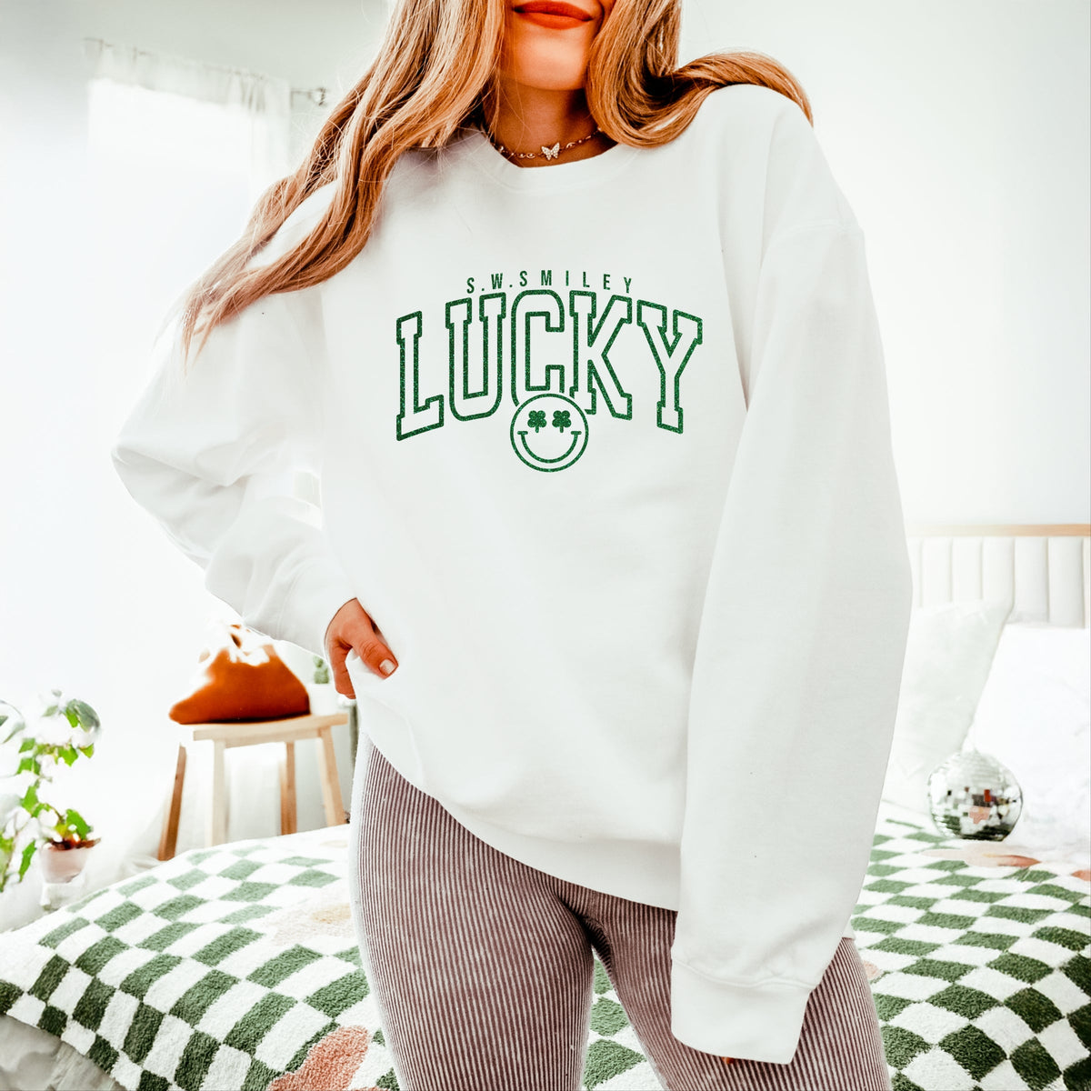 S.W.Smiley Lucky Varsity Glitter - Women's Lightweight Garment Dyed Sweatshirt