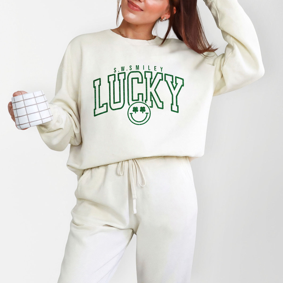 S.W.Smiley Lucky Varsity Glitter - Women's Lightweight Garment Dyed Sweatshirt