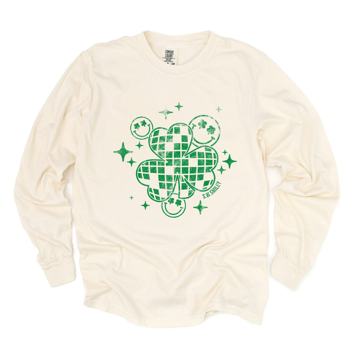S.W.Smiley Disco Clover - Women's Garment Dyed Long Sleeve Graphic T-Shirt
