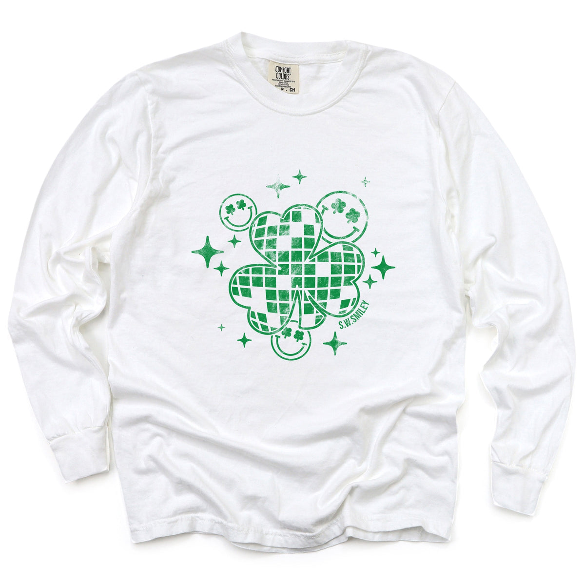S.W.Smiley Disco Clover - Women's Garment Dyed Long Sleeve Graphic T-Shirt