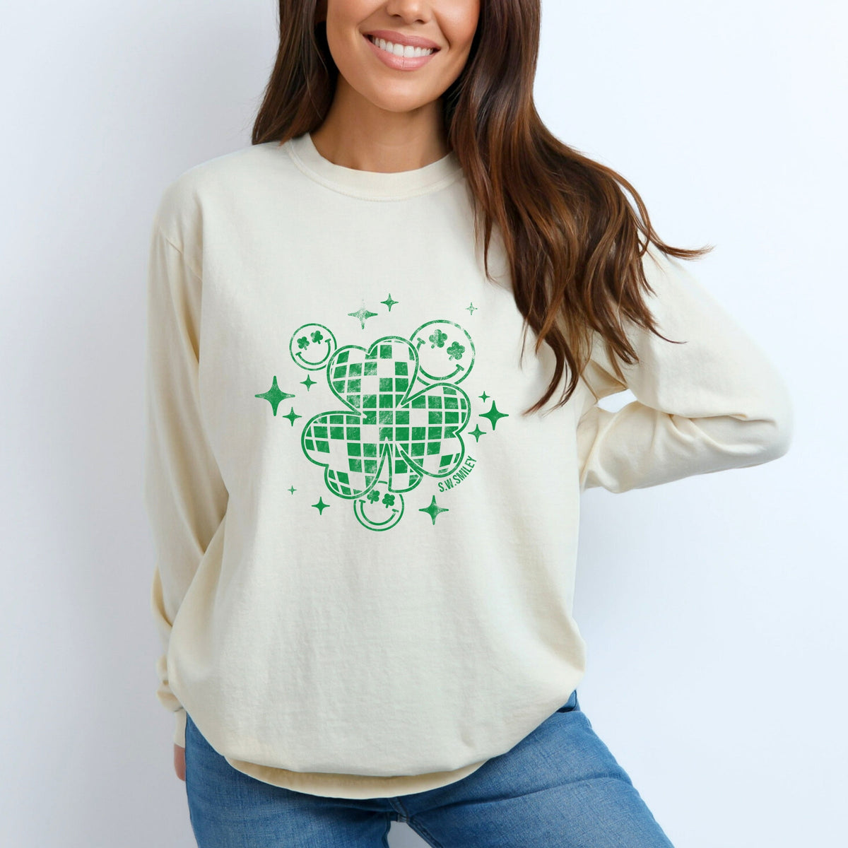 S.W.Smiley Disco Clover - Women's Garment Dyed Long Sleeve Graphic T-Shirt