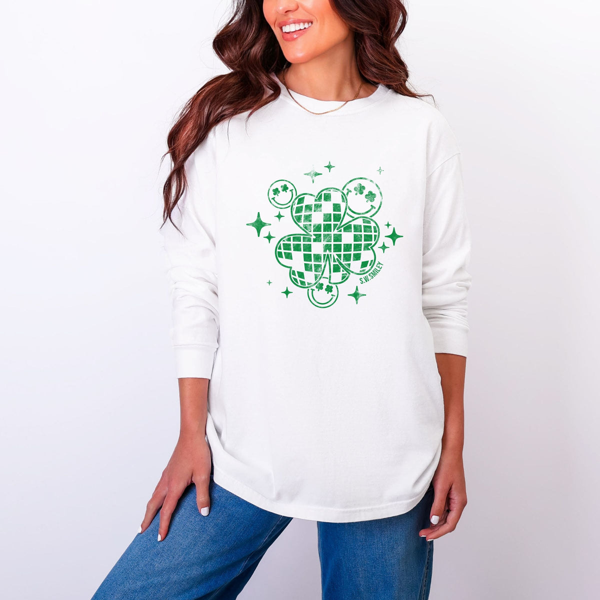 S.W.Smiley Disco Clover - Women's Garment Dyed Long Sleeve Graphic T-Shirt